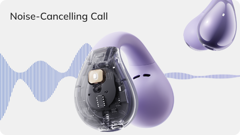 Auriculares Lila com cancelamento de ruído, tecnologia visível e gráfico de ondas sonoras para chamadas claras.