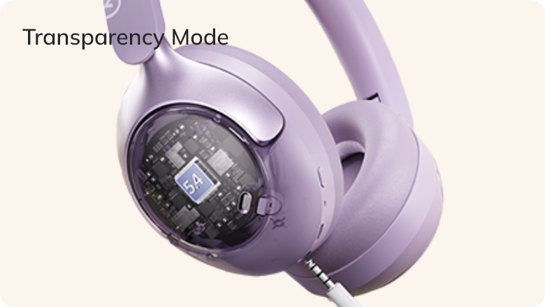Auriculares Lila com modo de transparência e interior visível.
