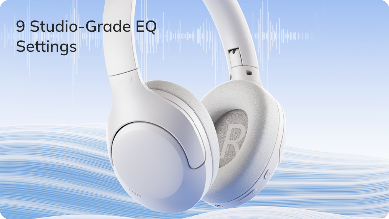 Auriculares over-ear brancos com 9 definições de EQ de grau de estúdio, ideais para desfrutar de música.