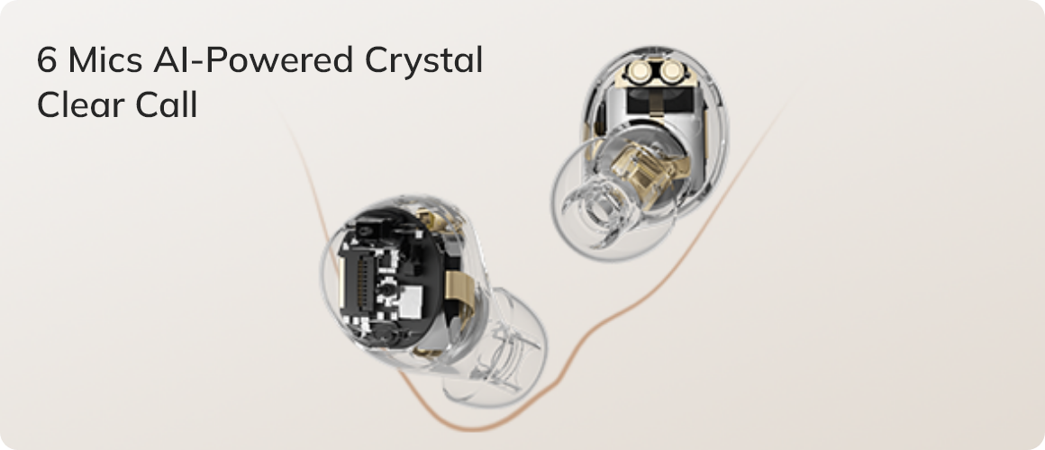 Auriculares intra-auriculares transparentes com 6 microfones de IA para chamadas cristalinas, vista interior da tecnologia.