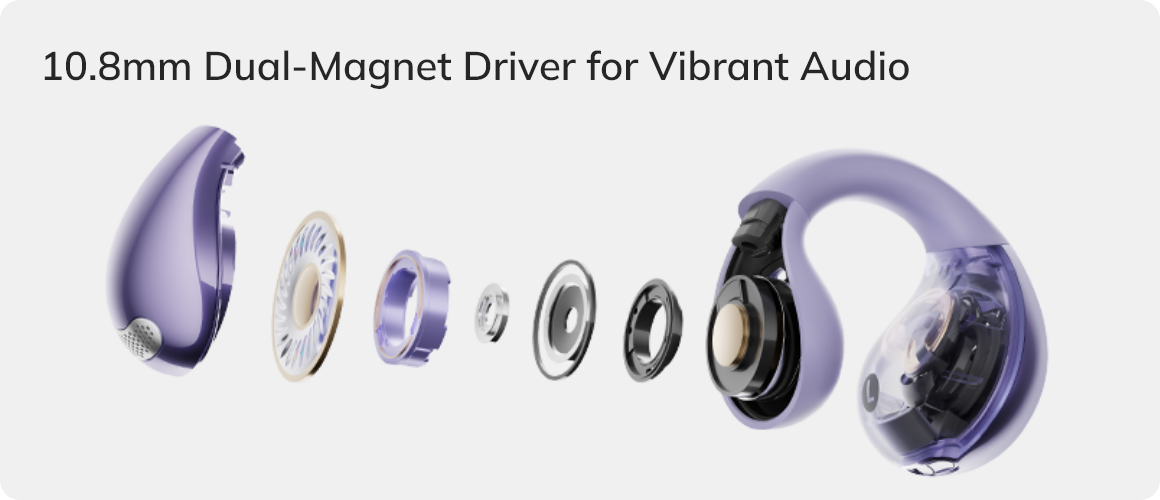 Driver duplo de 10,8 mm com íman para som vibrante – auscultadores intra-auriculares roxos em imagem explodida
