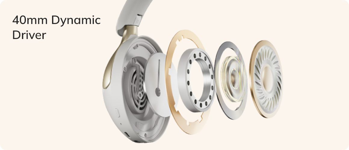 Driver dinâmico de 40 mm em auscultadores over-ear, imagem detalhada do interior