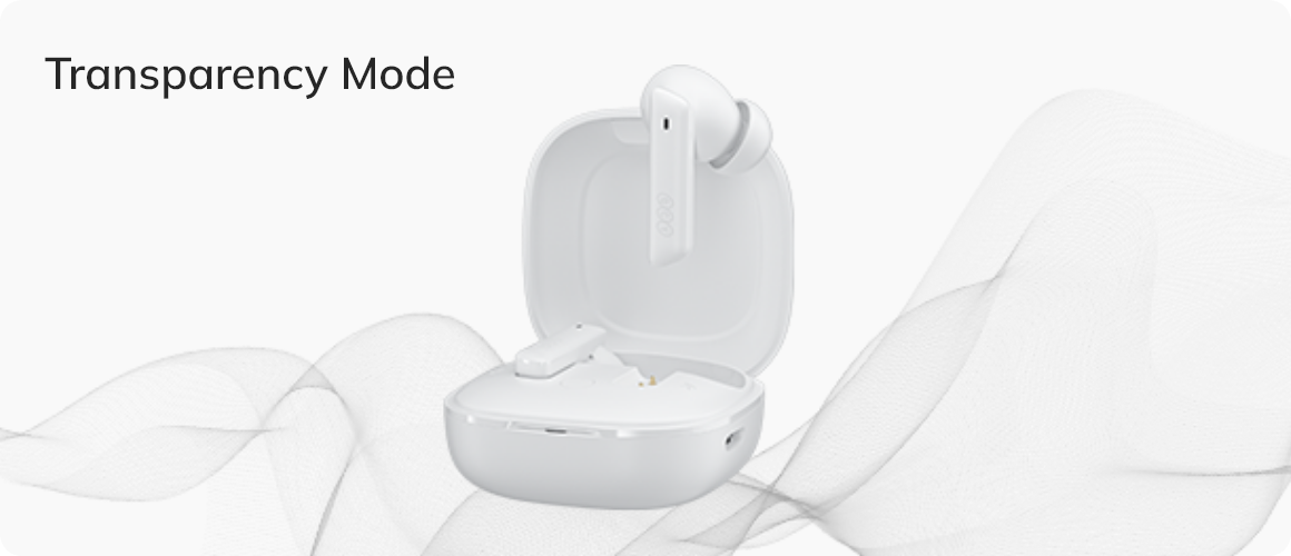 Auriculares True Wireless brancos no estojo de carregamento com modo de transparência.