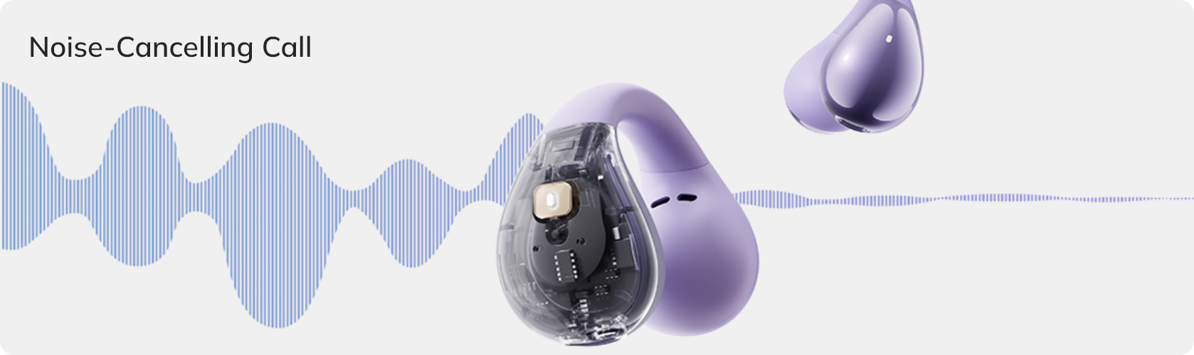 Auriculares Lila com cancelamento de ruído e caixa transparente que mostra a tecnologia interna.