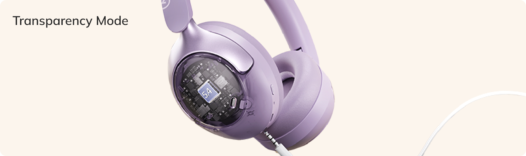 Auriculares Lila Over-Ear com modo de transparência e interior visível, com ligação por cabo.