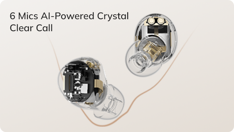 Auriculares intra-auriculares transparentes com 6 microfones e qualidade de chamada cristalina suportada por IA, vista detalhada do interior.