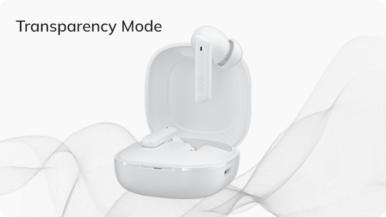 Auriculares sem fios brancos no estojo de carregamento com modo de transparência, ondas suaves ao fundo.