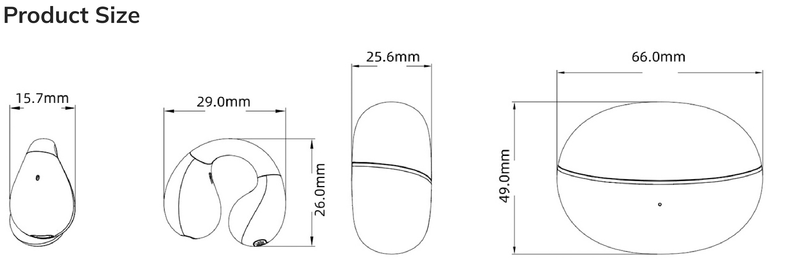 Dimensões do produto: Auscultadores intra-auriculares 15,7 x 29,0 mm, estojo de carregamento 25,6 x 49,0 mm, diâmetro total 66,0 mm