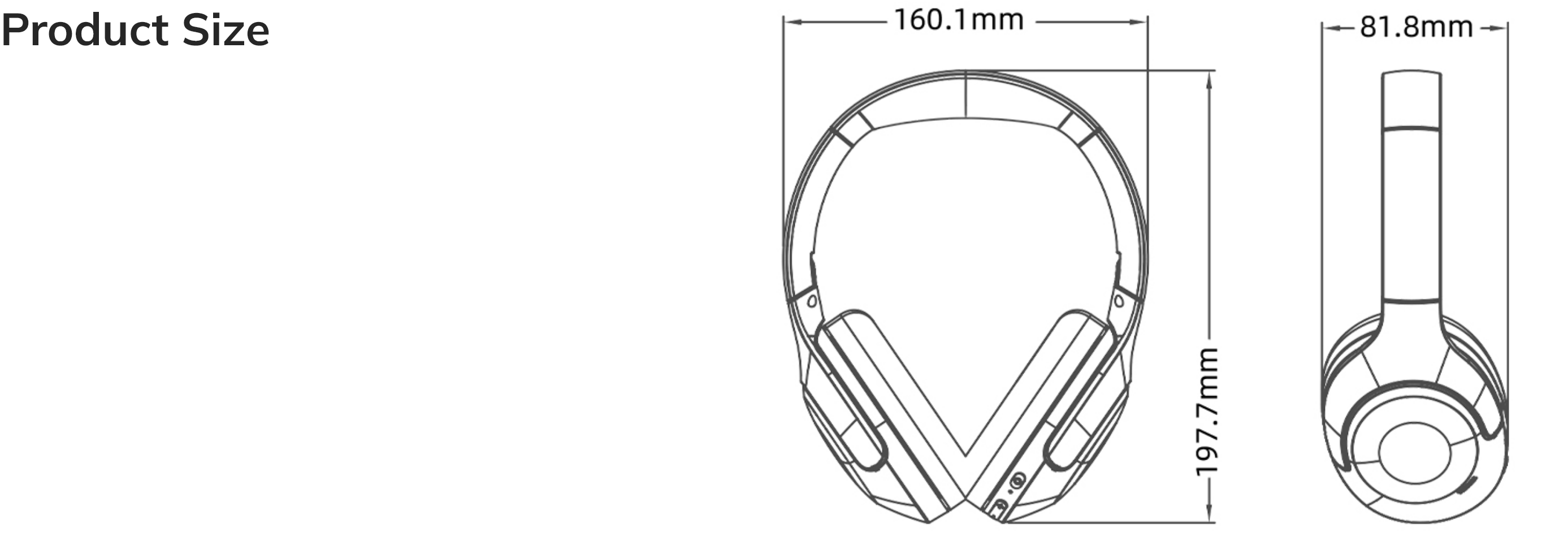 Desenho técnico: Dimensões de auscultadores Over-Ear em vista frontal e lateral com medidas de largura e altura em milímetros