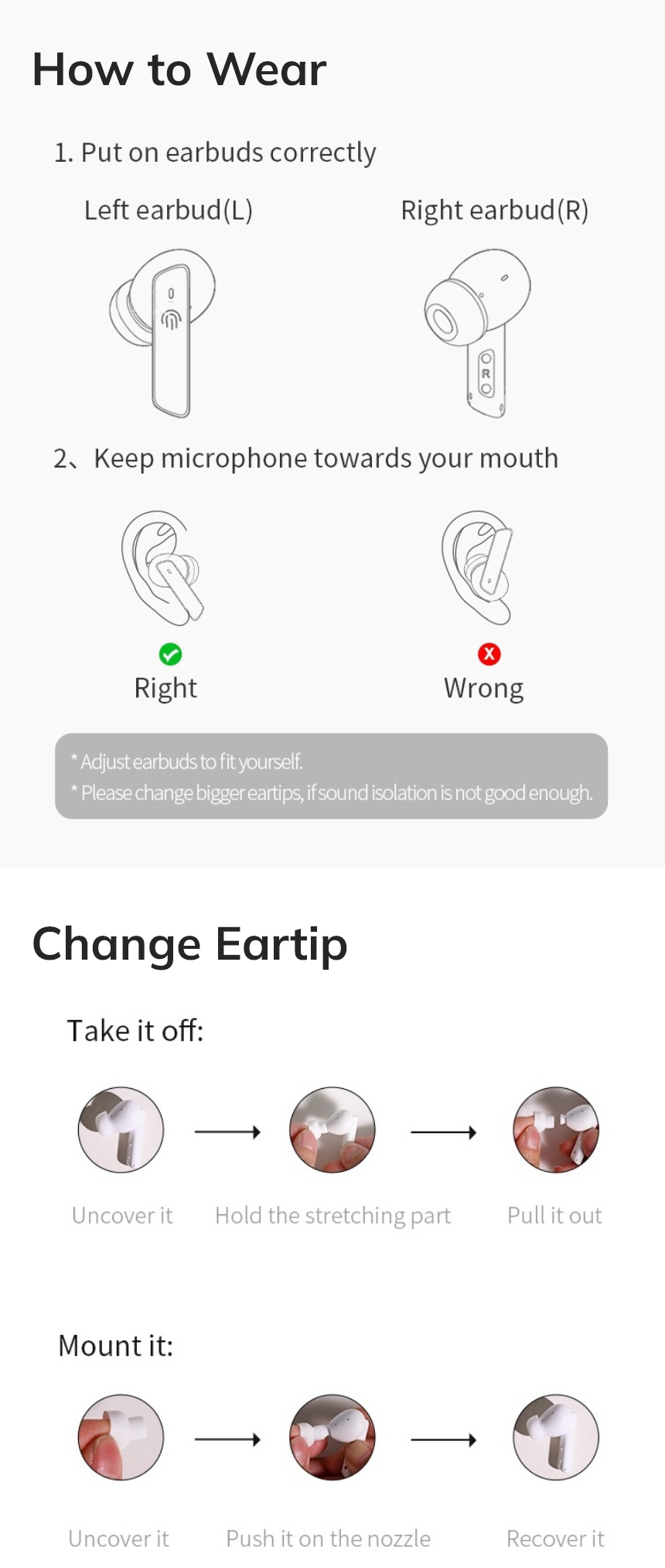 Instruções para usar e trocar as pontas auriculares dos auscultadores sem fios.