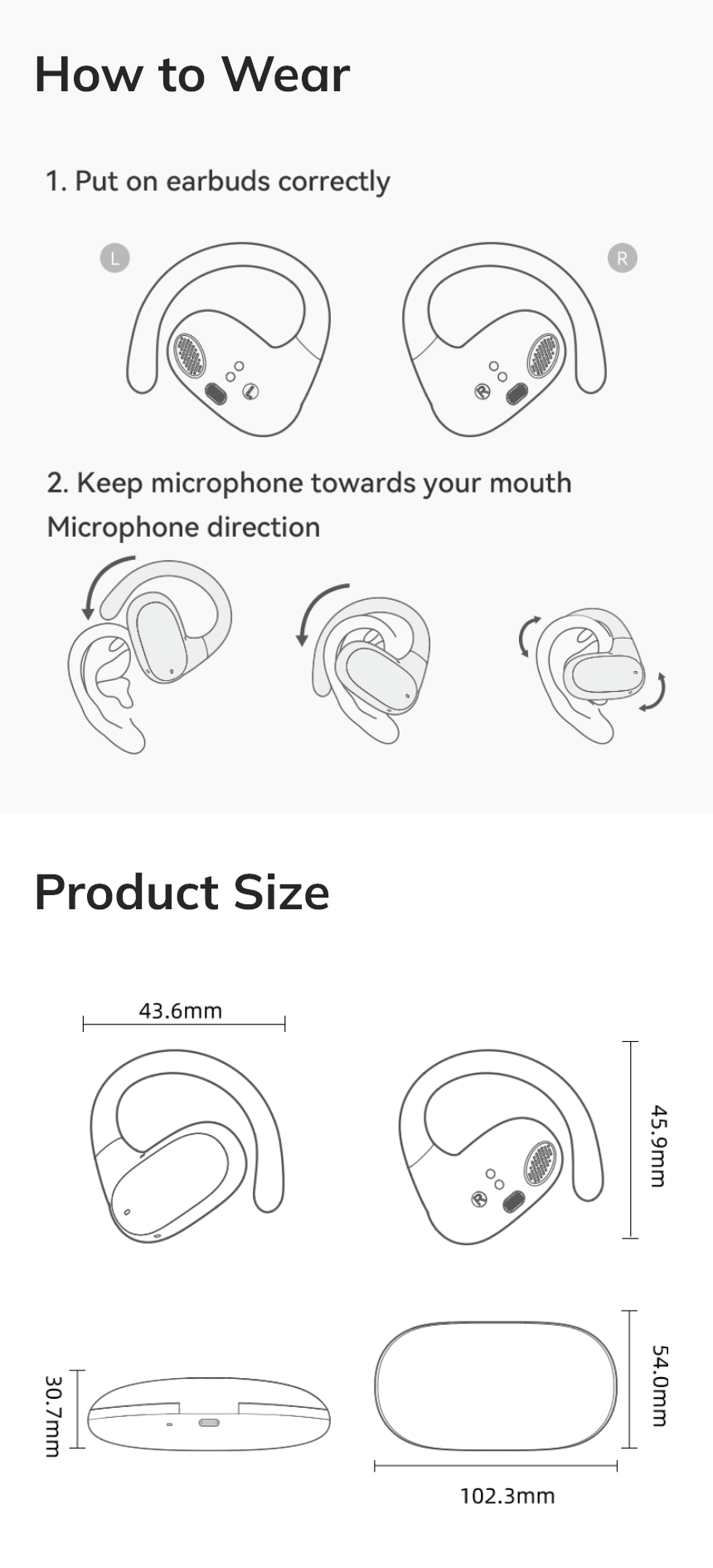 Instruções para usar auscultadores: posicionamento correto e direção do microfone, dimensões do produto em comparação