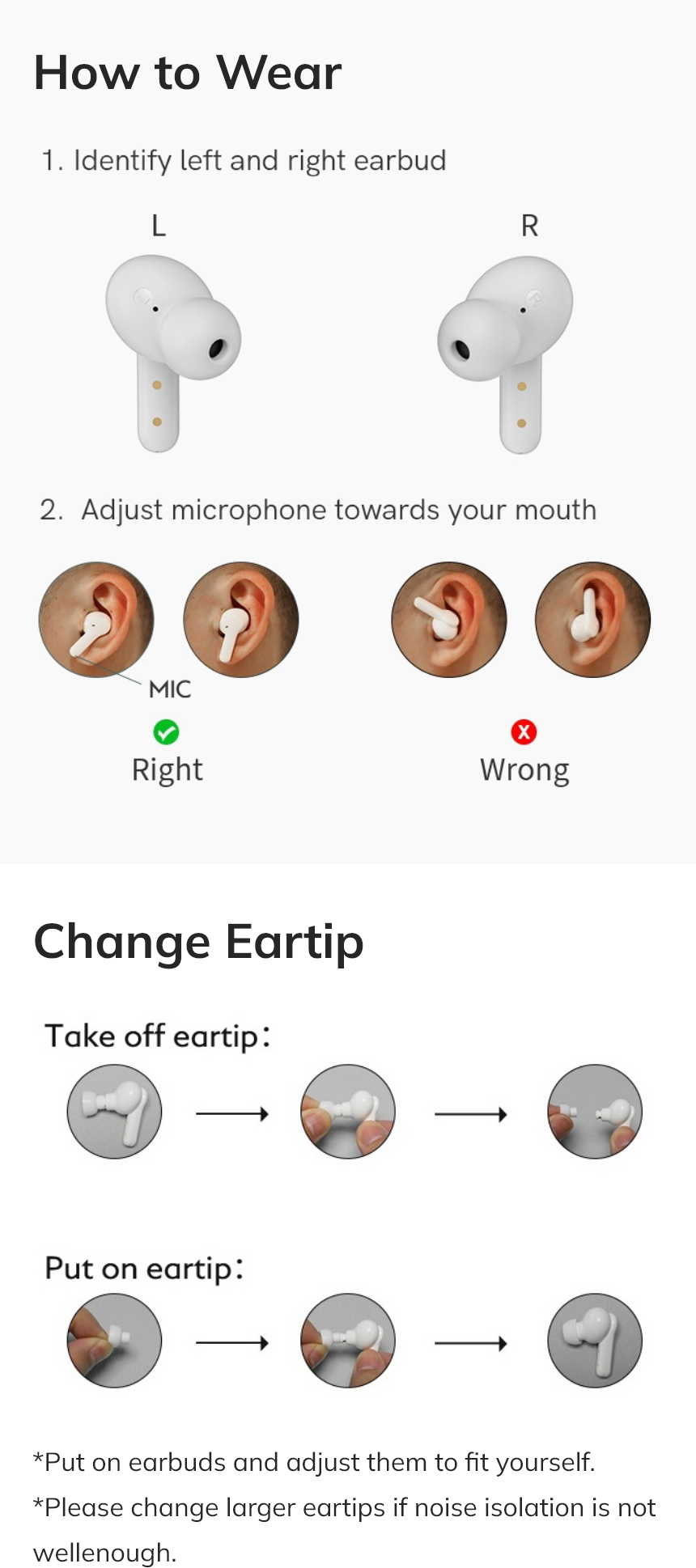 Como usar os auscultadores: identificar esquerdo/direito, direcionar o microfone para a boca, trocar a ponta auricular.