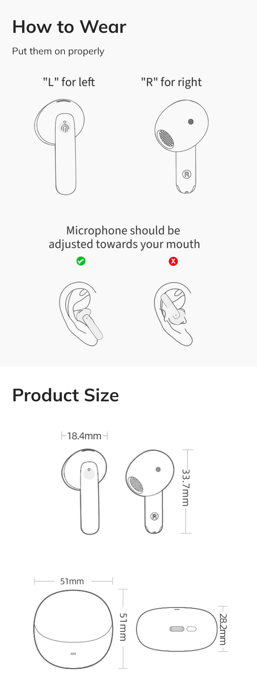 Como usar corretamente auscultadores Bluetooth – Guia com medidas para auriculares e estojo de carregamento.