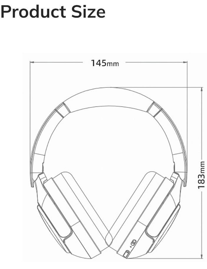 Auriculares circum-aurais com 145 mm de largura e 183 mm de altura.