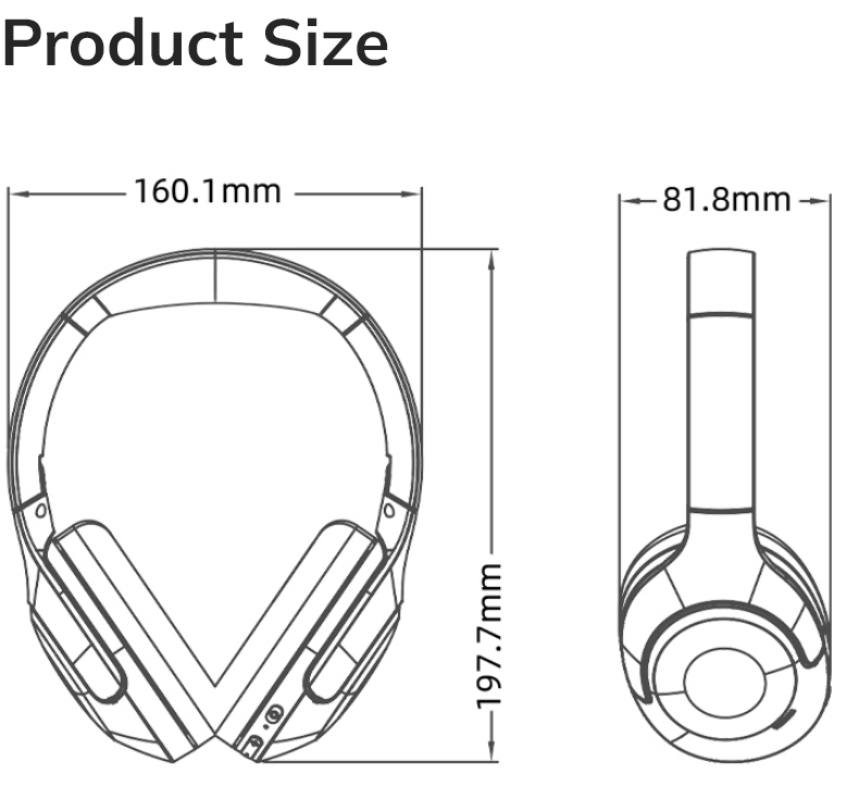 Desenho técnico do tamanho do produto: Auscultadores Over-Ear com 160,1 mm de largura, 197,7 mm de altura e 81,8 mm de diâmetro da concha auricular