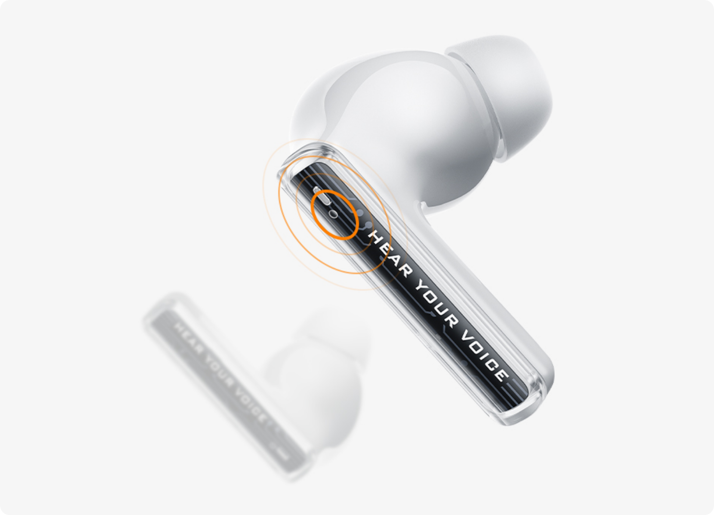 Auriculares sem fios brancos com microfone e inscrição "OUÇA A SUA VOZ".