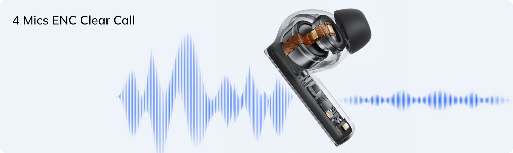 Auriculares intra-auriculares com 4 microfones para chamadas claras e cancelamento de ruído.