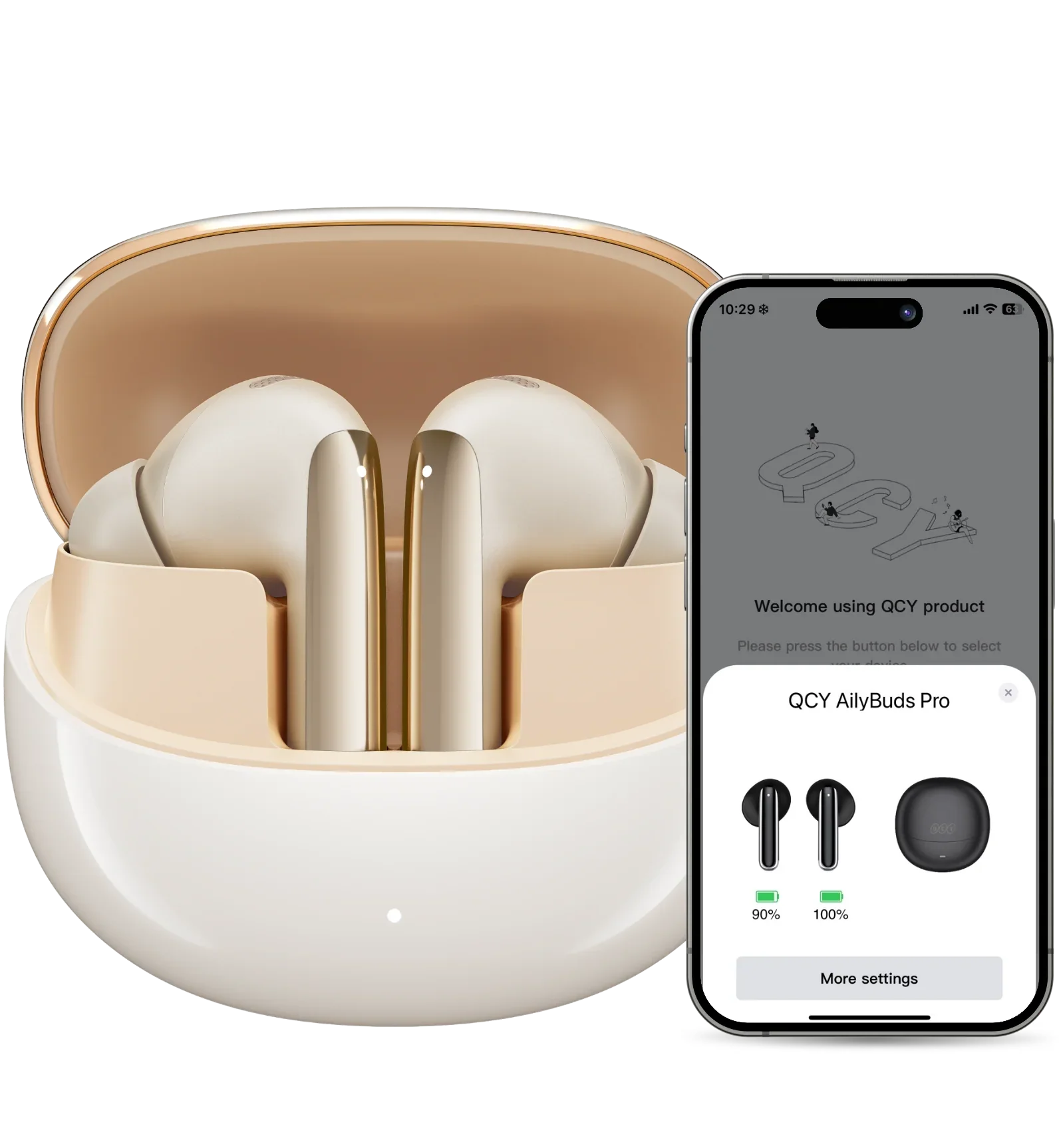 Auriculares QCY AilyBuds Pro no estojo de carregamento branco com detalhes dourados.