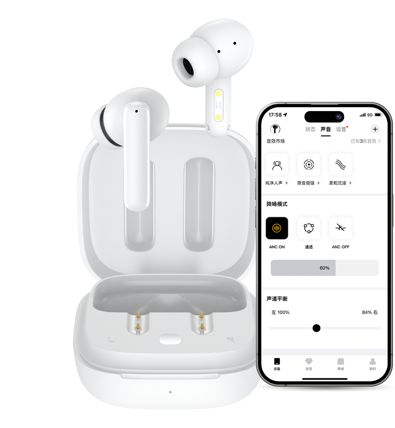 Auriculares True Wireless brancos com estojo de carregamento e aplicação para smartphone para configuração.