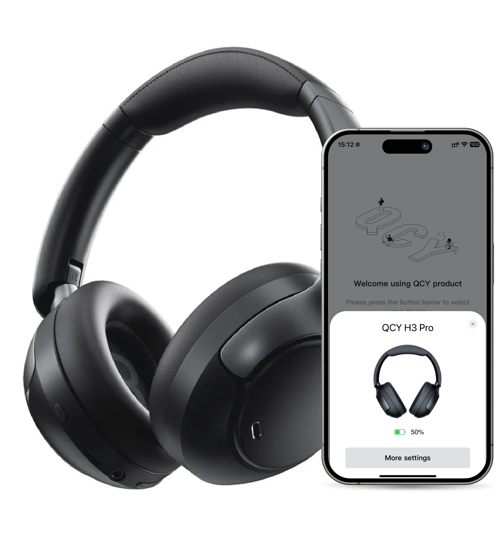 Auriculares QCY H3 Pro pretos com aplicação para smartphone para controlo.