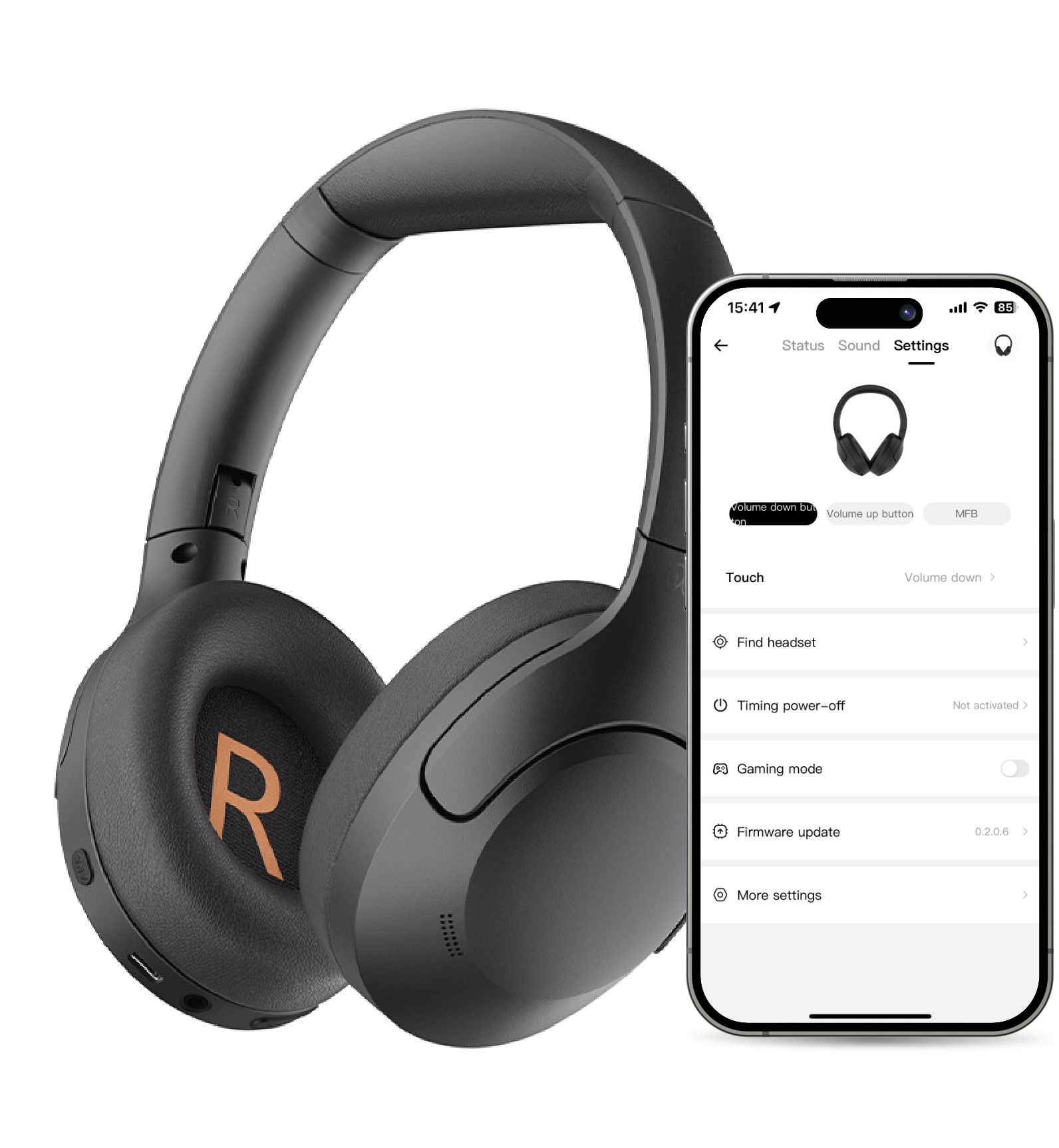 Auriculares over-ear pretos com controlo por app, toque e modo gaming – ideais para música e chamadas.