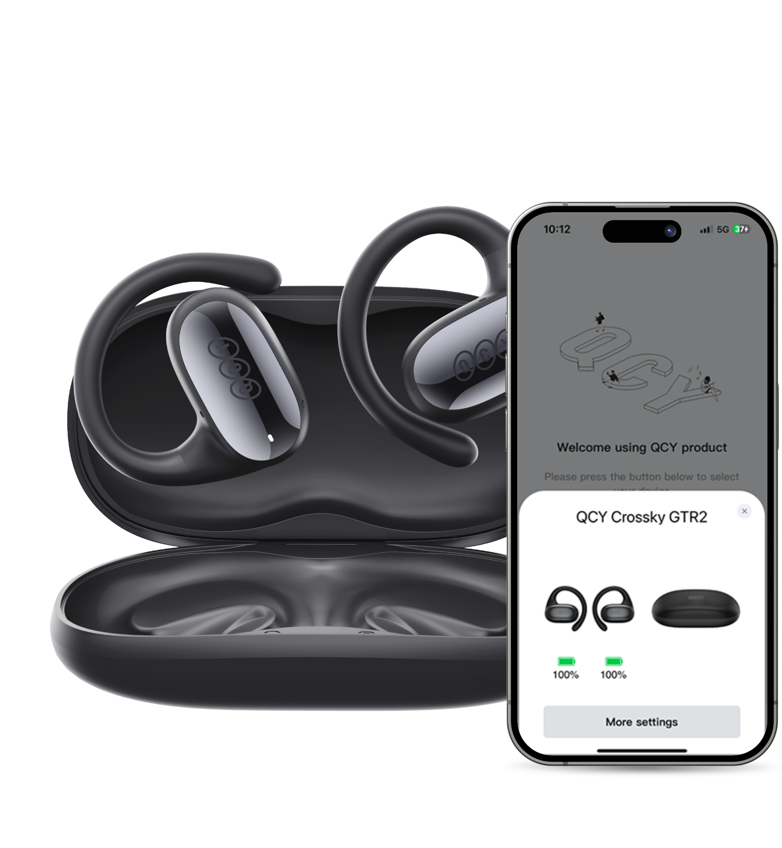 Auriculares QCY Crossky GTR2 com estojo de carregamento, controlo por aplicação e indicação de bateria a 100%.