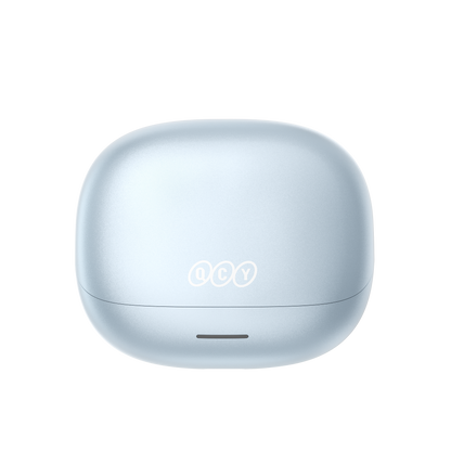MeloBuds N65 auriculares sem fios em azul claro elegante com logótipo, estojo de carregamento compacto para viagem.