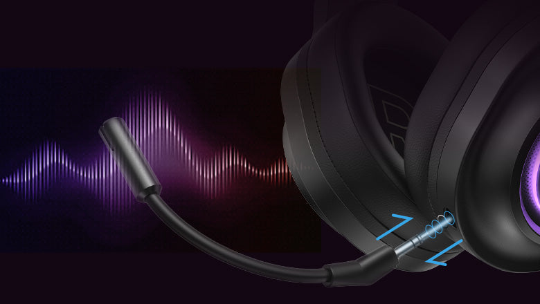 Auricular de jogo preto com microfone e iluminação LED roxa