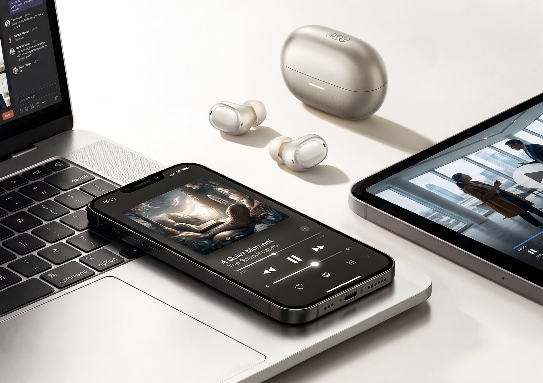 Auriculares sem fios brancos com estojo de carregamento, ao lado de portátil e tablet numa mesa branca.