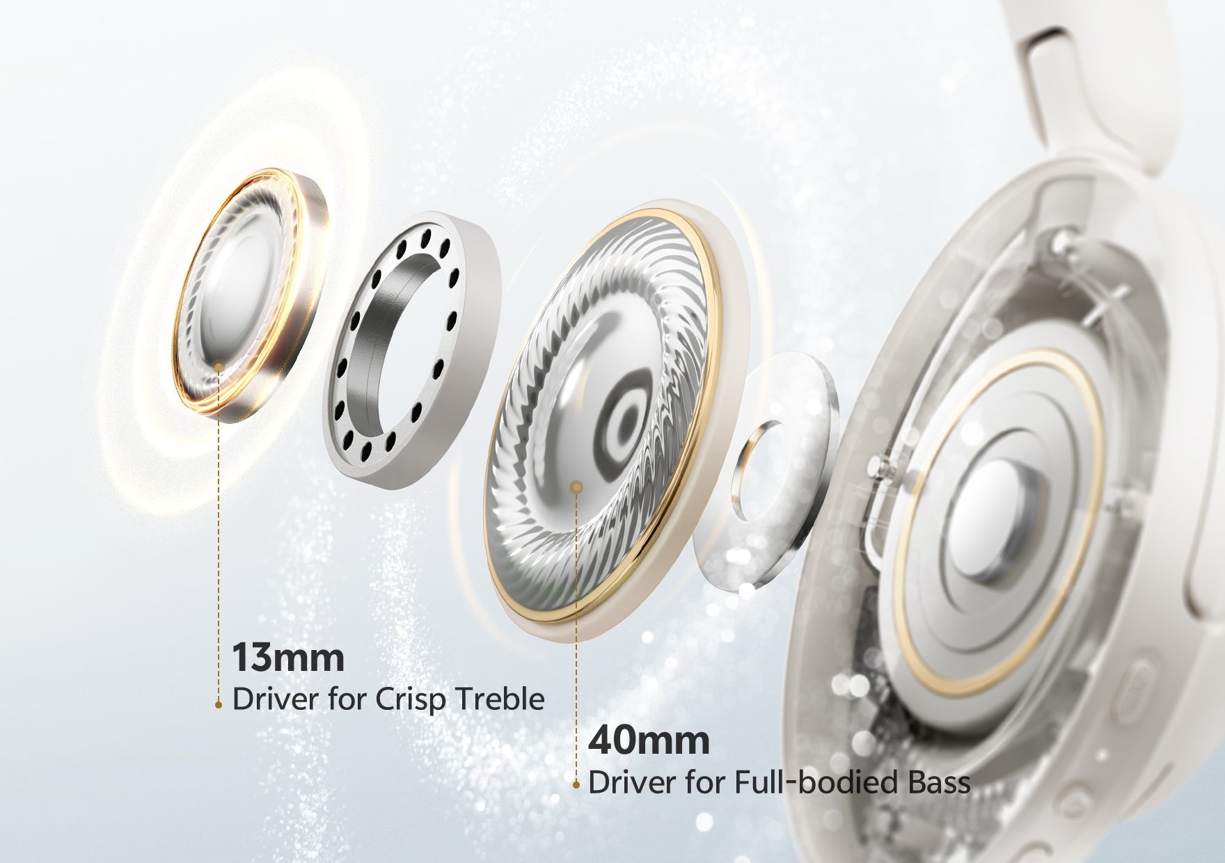 Auriculares de alta qualidade com altifalantes de 13 mm para agudos claros e altifalantes de 40 mm para graves profundos.