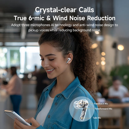 White QCY Melobuds N50 earbud worn by model, highlighting 6-mic technology and wind noise reduction for crystal-clear calls