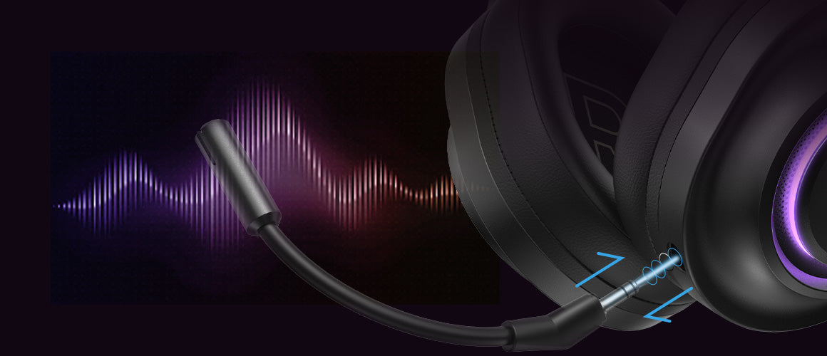Auricular de jogo preto com microfone e luz RGB.