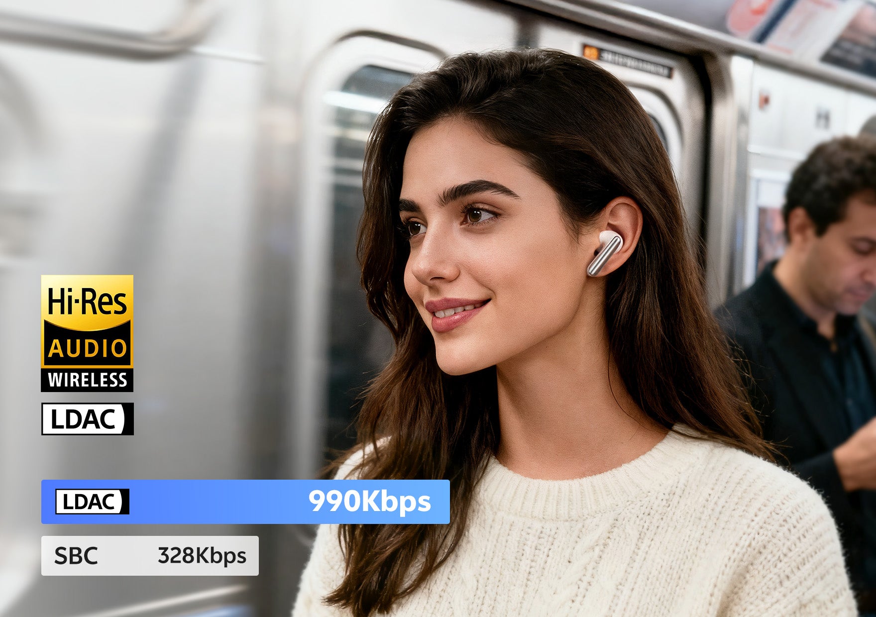 Mulher com auscultadores Hi-Res Audio sem fios no metro, LDAC 990Kbps para reprodução de música de alta qualidade em movimento.