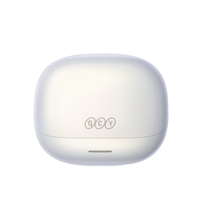 QCY MeloBuds N65 – auriculares Bluetooth elegantes brancos com estojo de carregamento e design moderno.