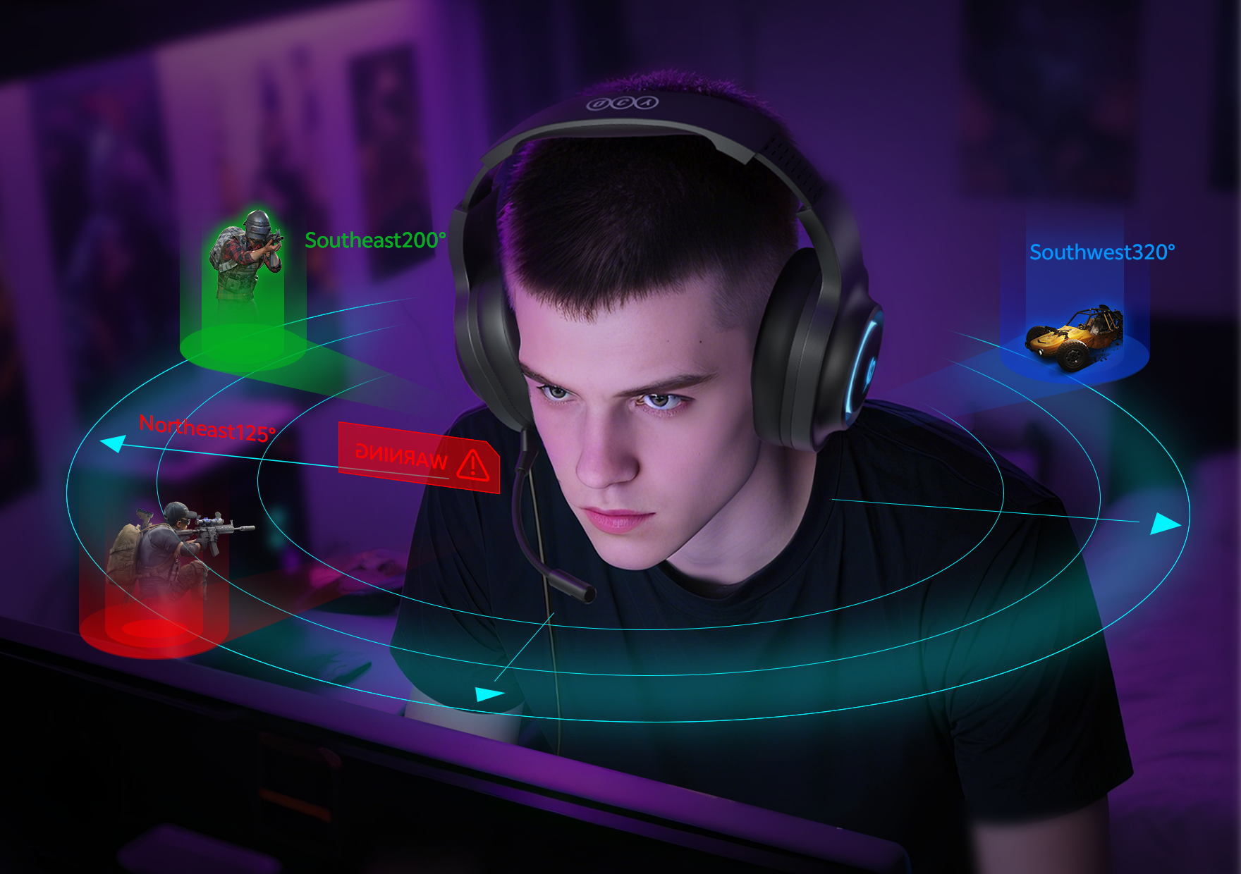 Jogador com headset OCA Gaming, visualização de som 360° para Battle Royale.