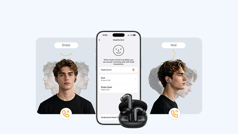 Controlo de movimento da cabeça para auscultadores sem fios: acenar para atender, sacudir para rejeitar chamadas através da aplicação para smartphone.