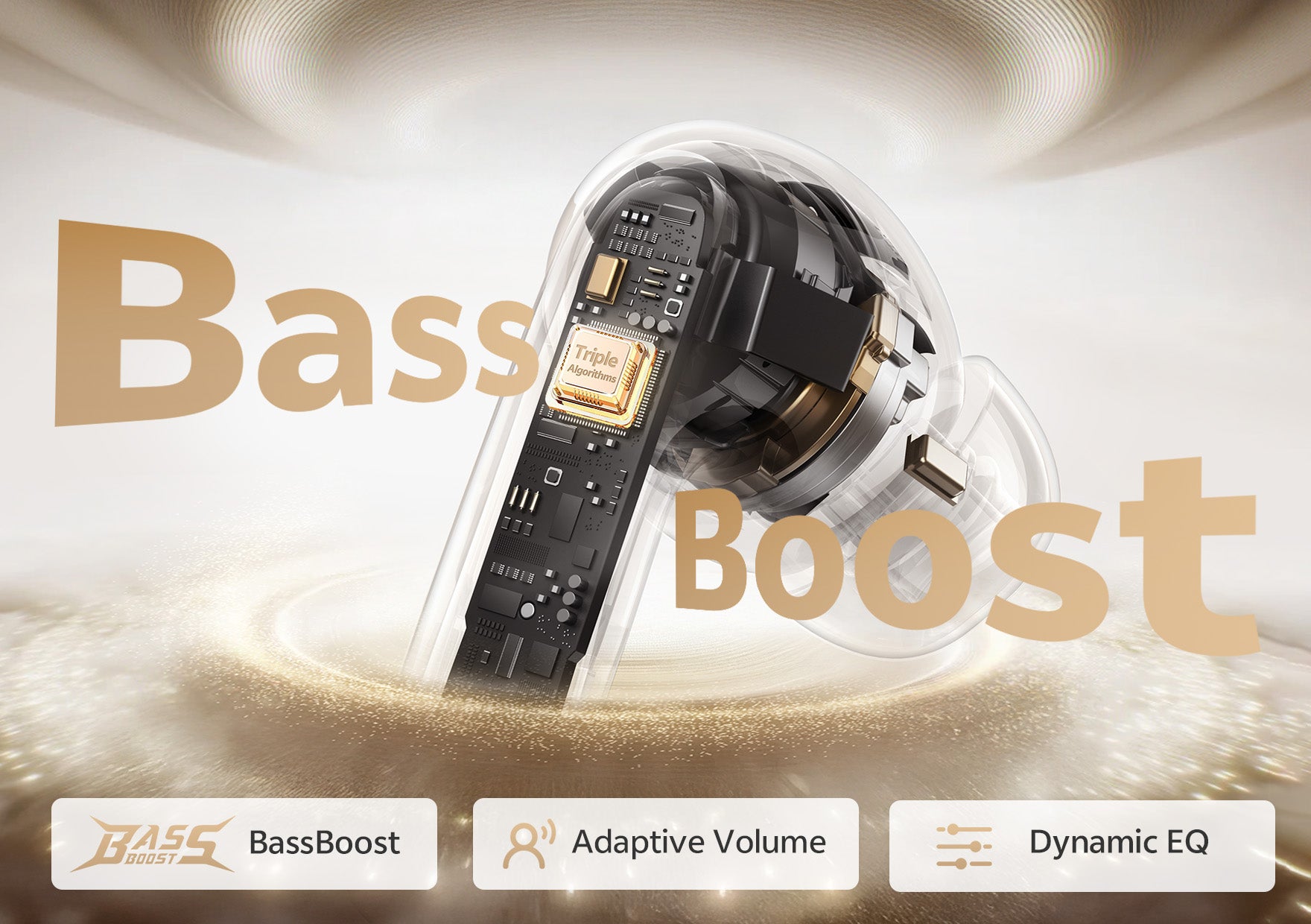 Auriculares Bluetooth com reforço de graves, triplo algoritmo, volume adaptativo e EQ dinâmico.