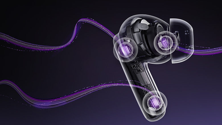 Auriculares transparentes com efeito de luz violeta – design moderno para som de alta qualidade.