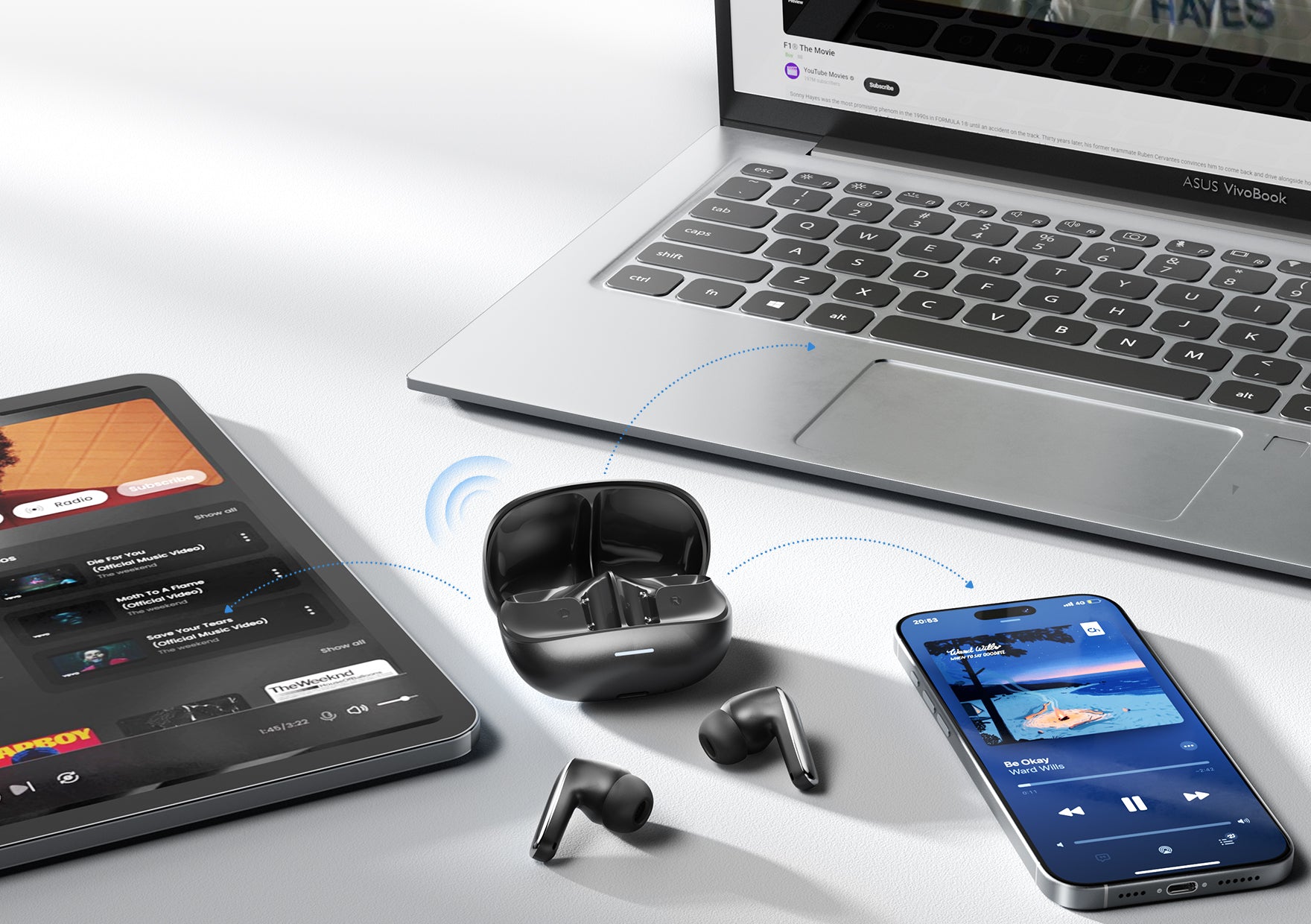Auriculares sem fios com caixa de carregamento ligados a smartphone, tablet e portátil para streaming de música.
