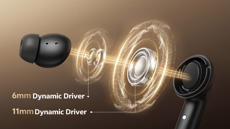 Auriculares intra-auriculares com altifalantes dinâmicos de 6 mm e 11 mm para um som cristalino.