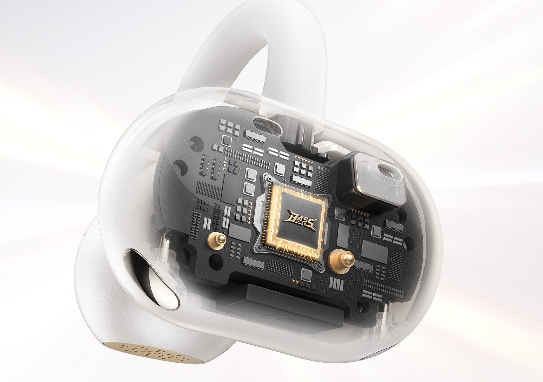 Auriculares transparentes com chip de graves visível e componentes internos, design moderno com detalhes dourados
