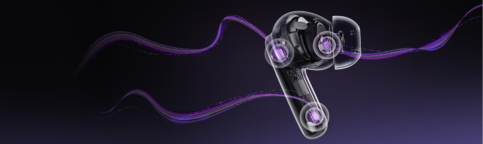 Auriculares intra-auriculares transparentes com efeitos de luz violeta e fluxos de dados fluidos.