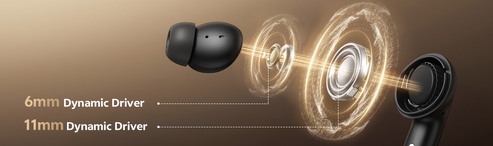 Auriculares com altifalantes dinâmicos de 6 mm e 11 mm para som de alta qualidade.