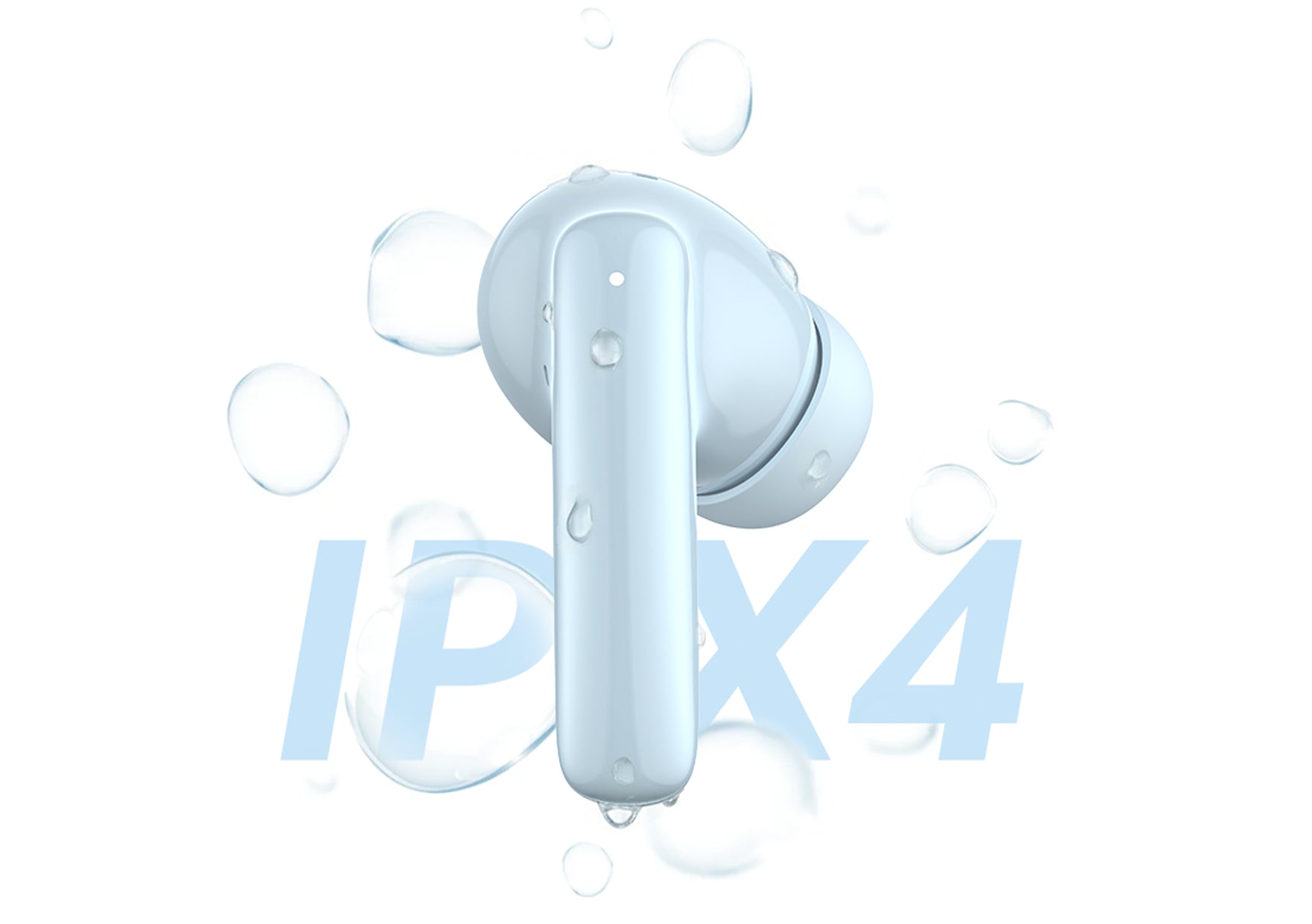 Auriculares Bluetooth resistentes à água com proteção IPX4, rodeados por gotas de água sobre fundo branco.