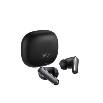 MeloBuds N65 – auriculares True Wireless pretos com estojo de carregamento.