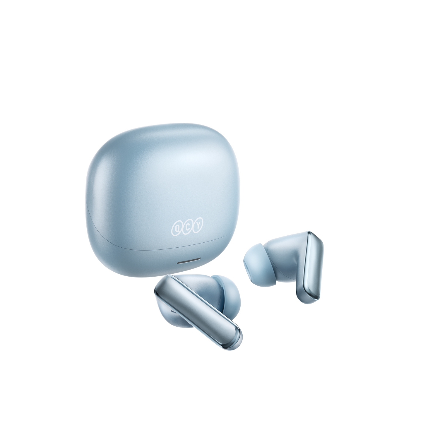 MeloBuds N65 – auriculares Bluetooth elegantes em azul claro com estojo de carregamento.
