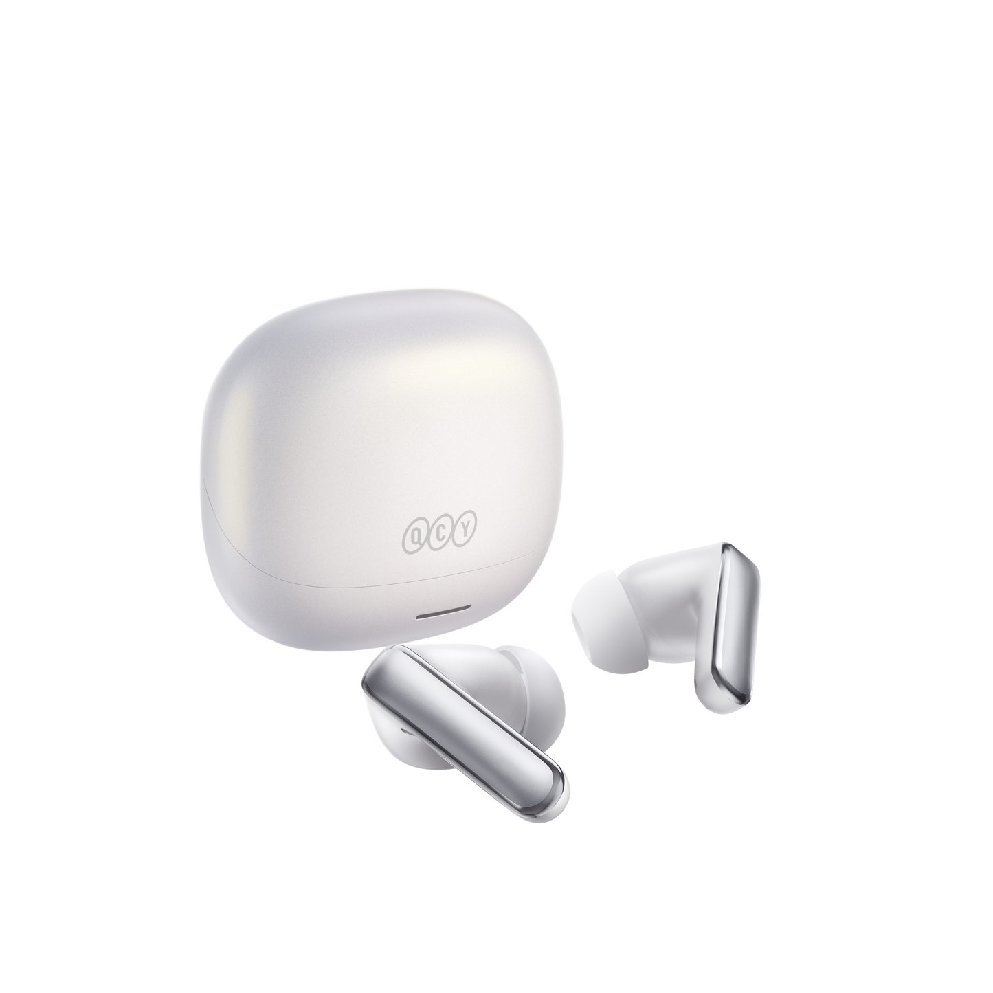 MeloBuds N65 – auriculares sem fios brancos com estojo de carregamento.