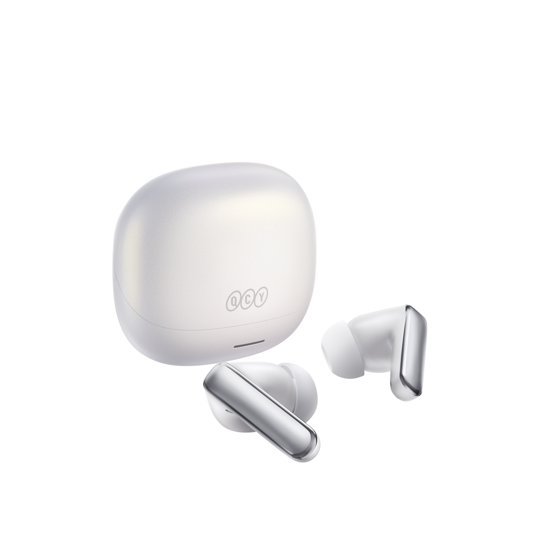 MeloBuds N65 – auriculares sem fios brancos com estojo de carregamento.