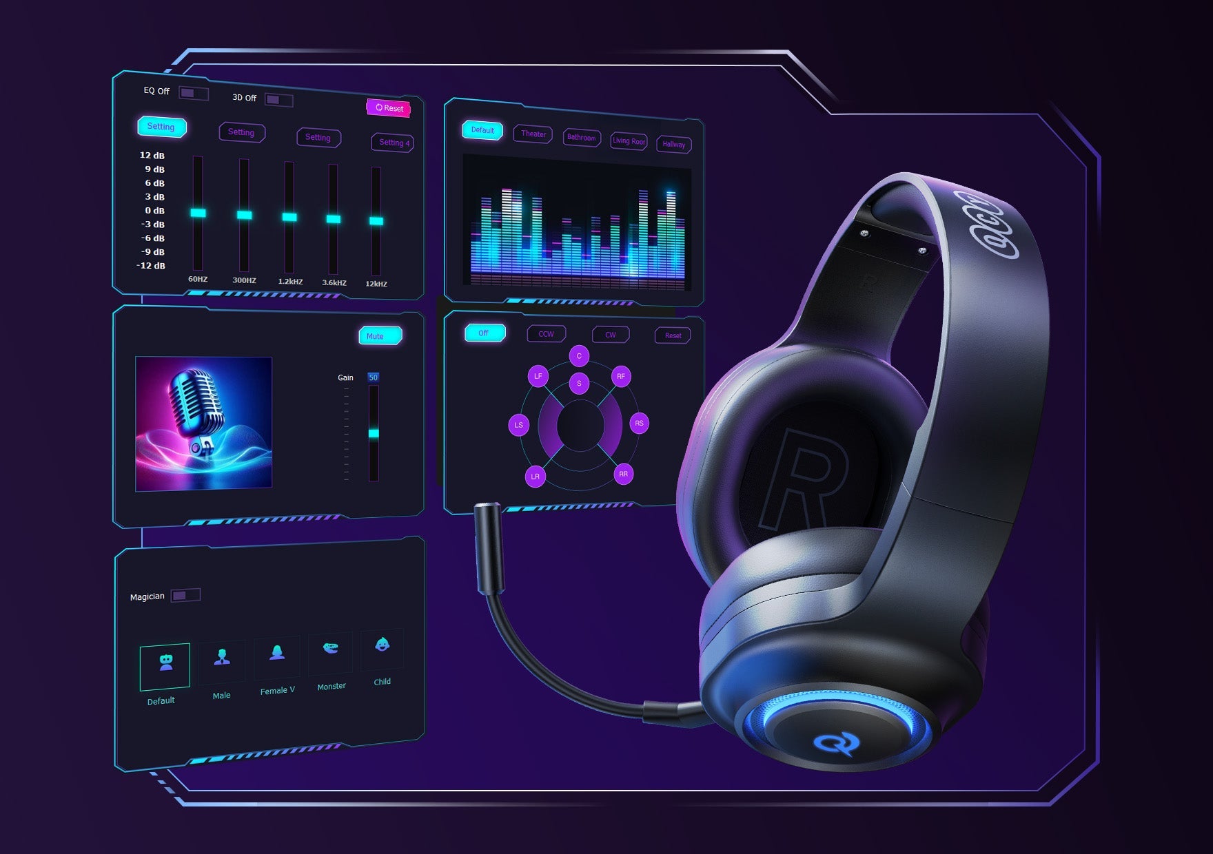 Conjunto de auscultadores de gaming pretos com luz RGB e interface de software fácil de usar para personalização de áudio.
