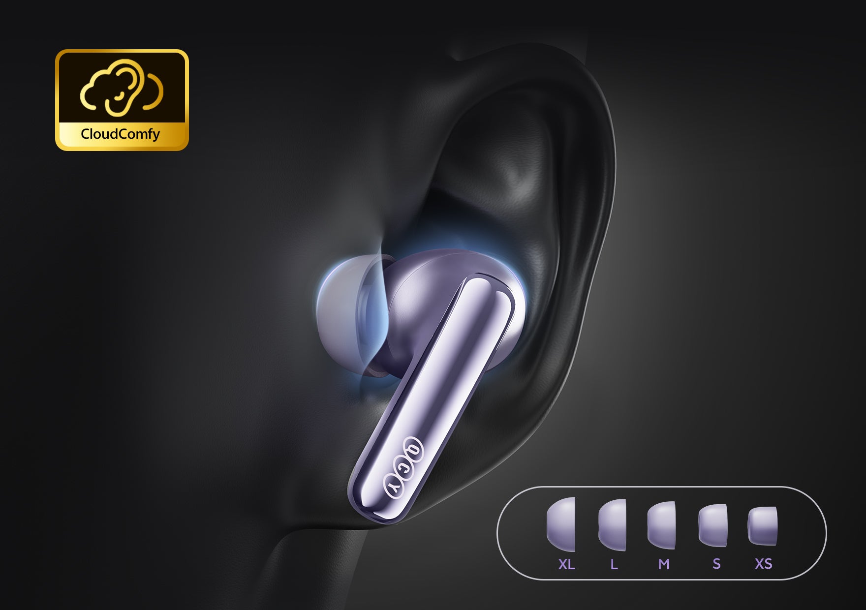 Auriculares True Wireless ACGY com conforto CloudComfy e 5 pontas auriculares.